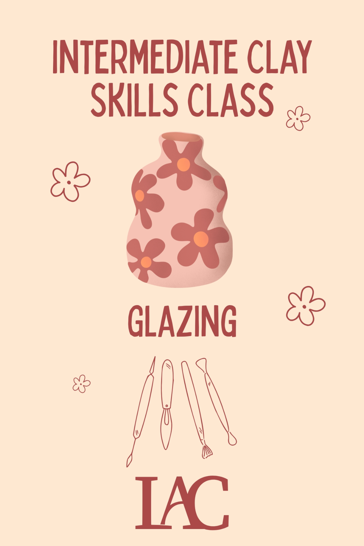 Poster for the Glazing workshop, with a flowered pink vase and pottery tools